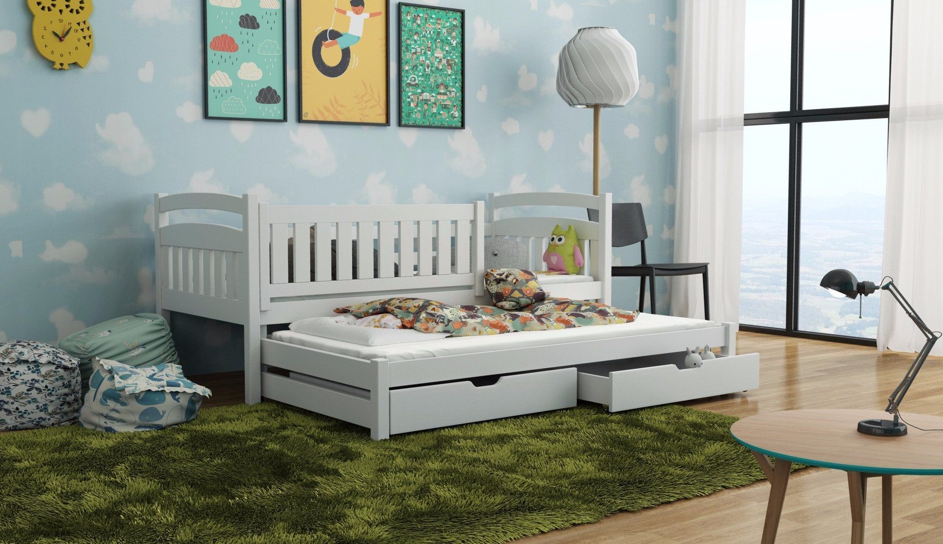 UNIVERSE Wooden 2 Drawers Storage Bed with Trundle - White - Art Nest