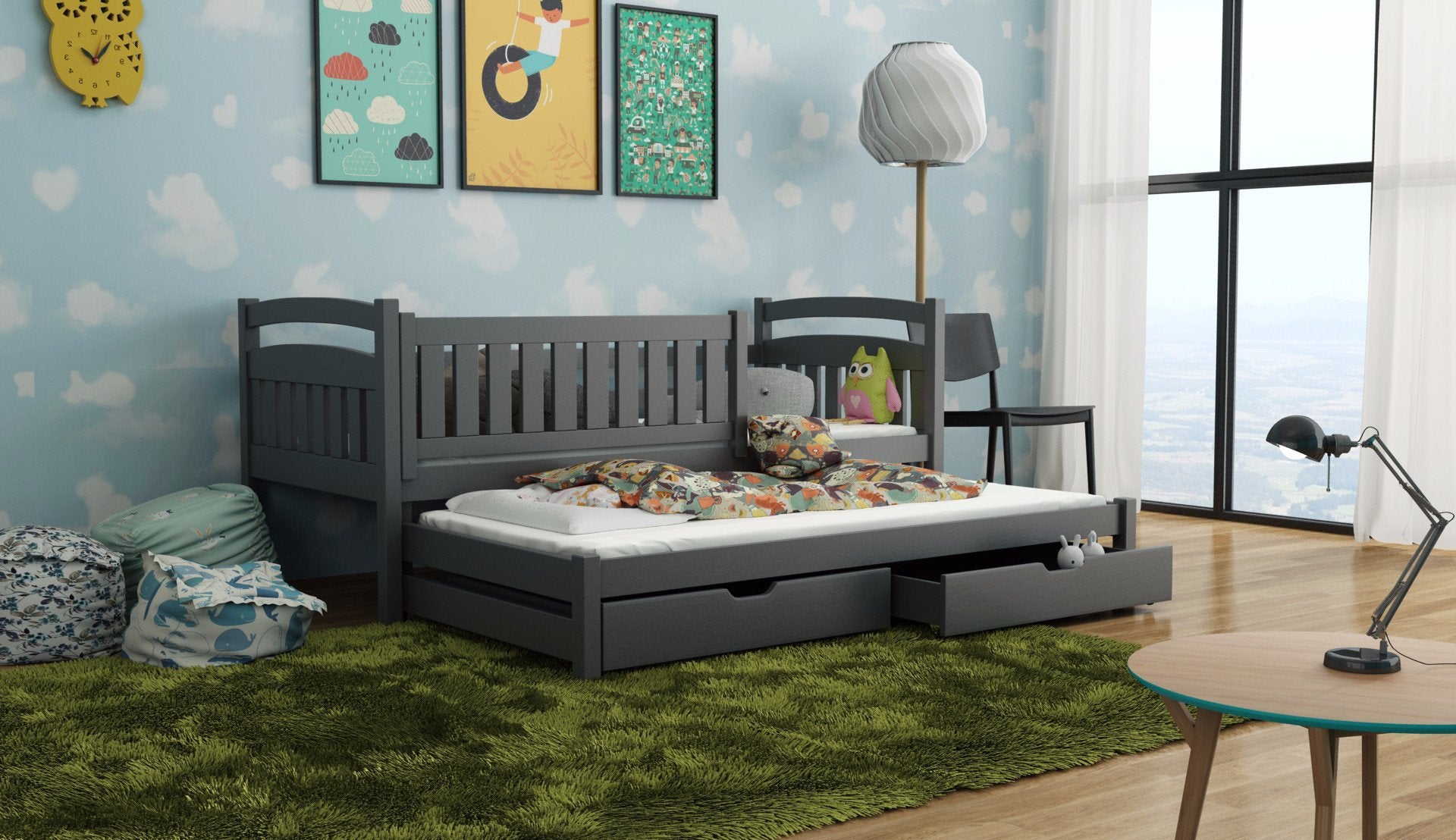 UNIVERSE Wooden 2 Drawers Storage Bed with Trundle - Graphite - Art Nest