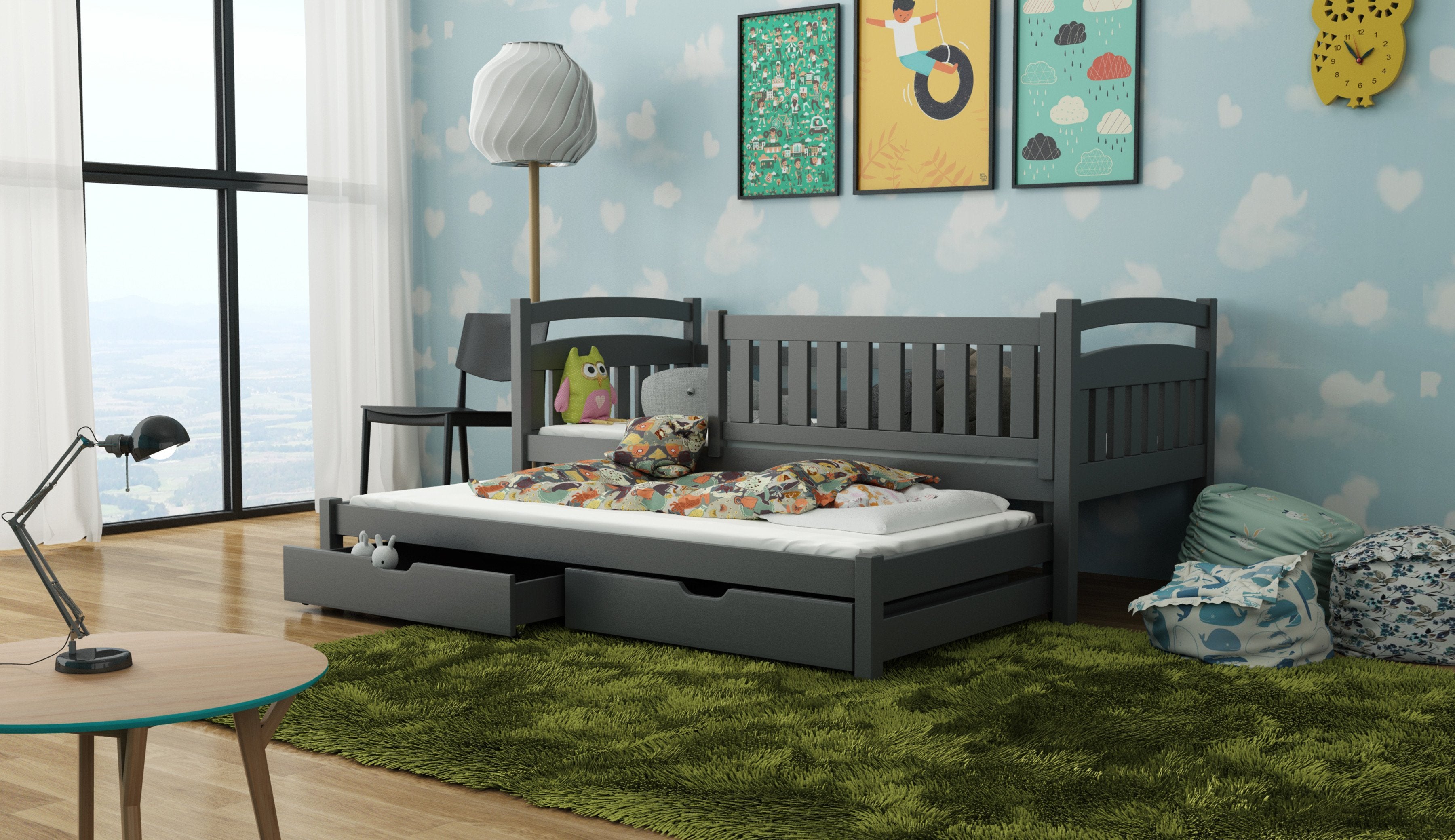 UNIVERSE Wooden 2 Drawers Storage Bed with Trundle and Foam Mattress - Graphite - Art Nest