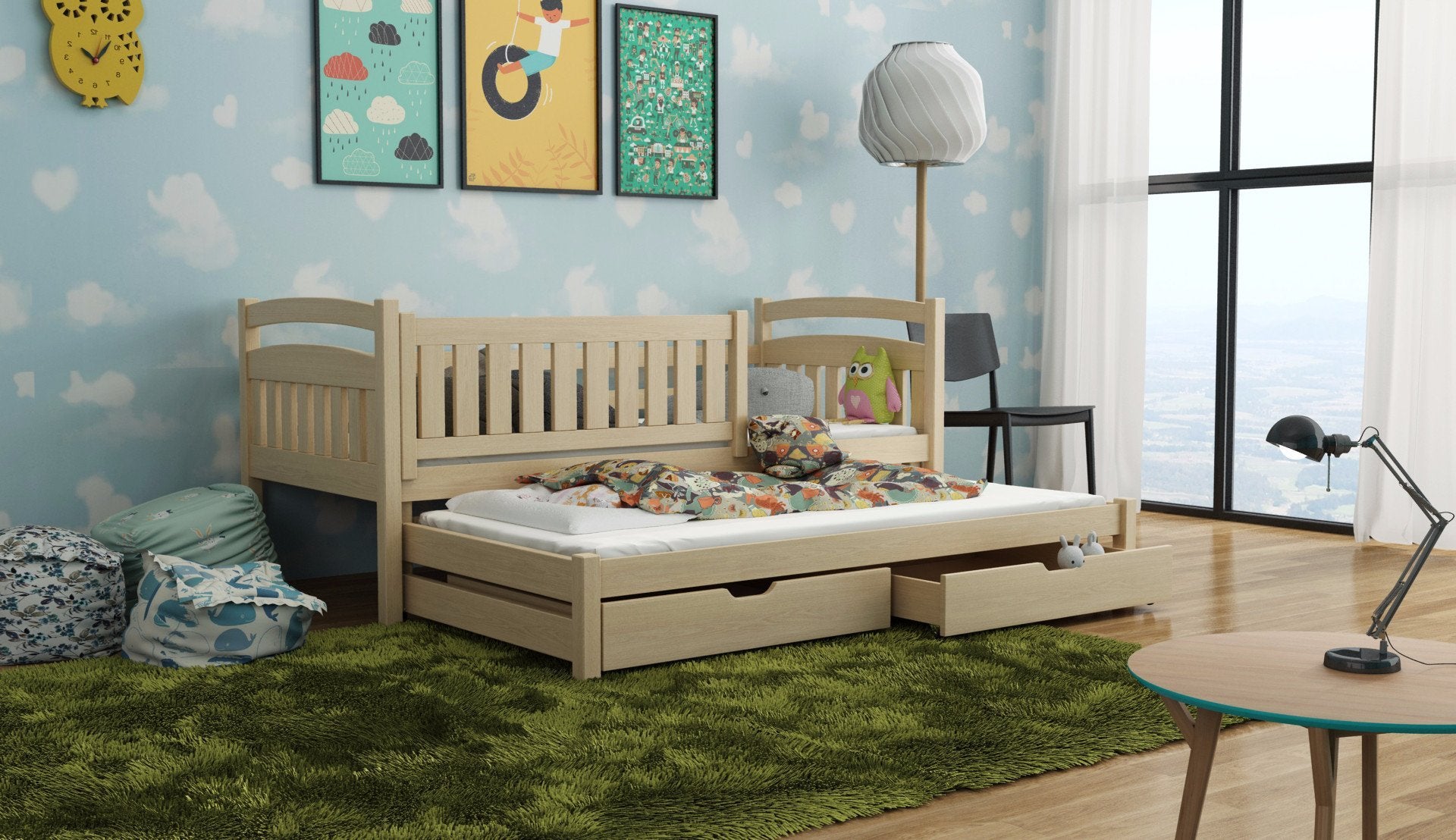 UNIVERSE Wooden 2 Drawers Storage Bed with Trundle - Pine - Art Nest