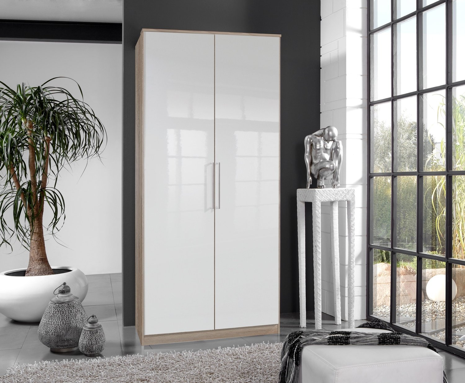 Wardrobe - GEMA 2 Door Wardrobe Oak and White Gloss 90cm - Wimex Distribution