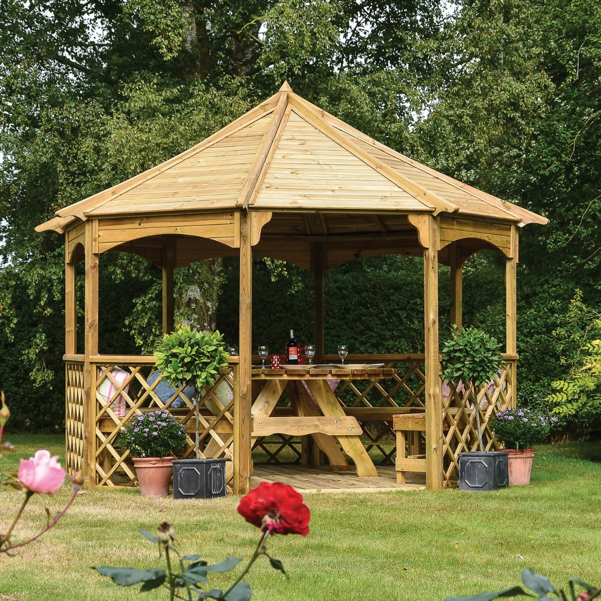 Sturdy and Elegant Garden Shelter Eight Sided Wooden Gazebo with Trellis Panels - Etta Gardens