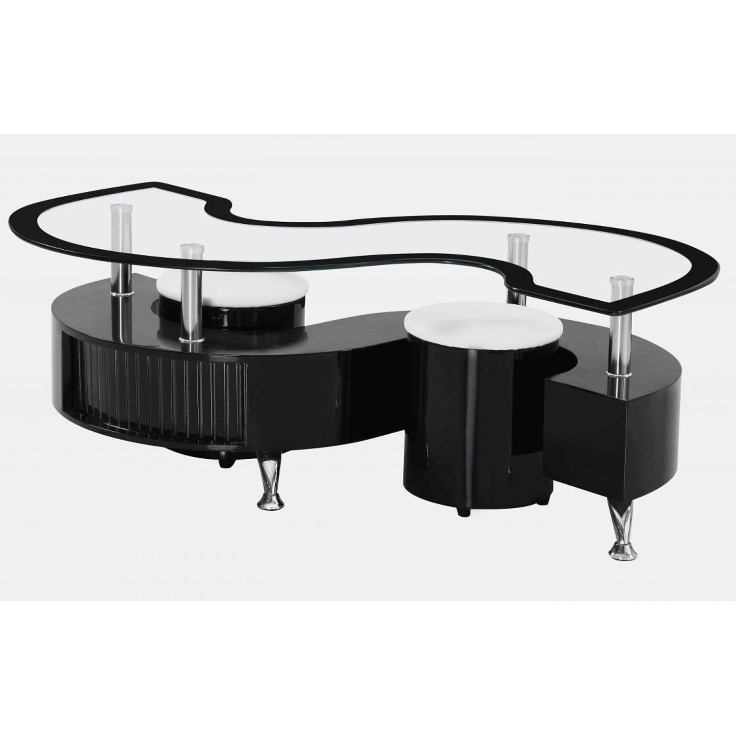 Stoke Black Border Coffee Table with Two Stool Set SStylish High Gloss Drawer and Glass Top - Sigrid Mills