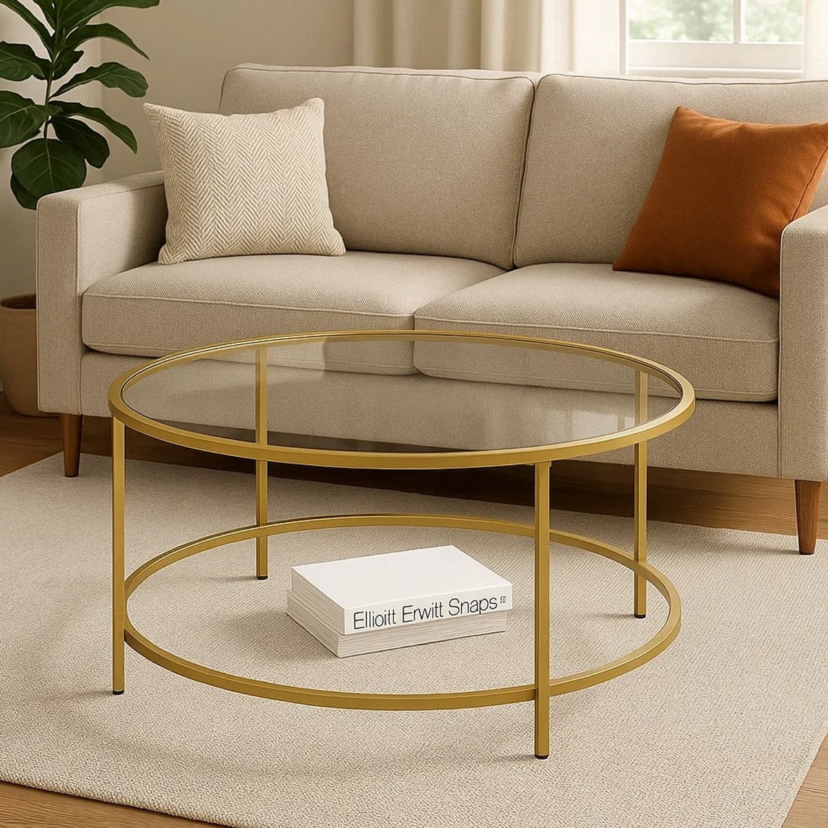 VANTORA Coffee Table Round Glass Table with Gold Metal Frame - Gold - The Urban Forge