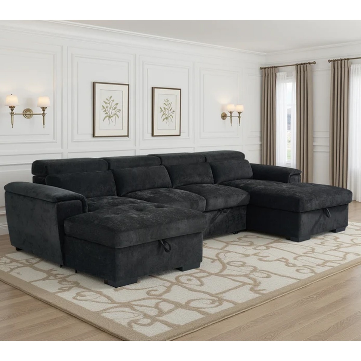 GRACELLO Fabric 6 Seater U Shaped Corner Sofa Bed - Black - Sofa So Good
