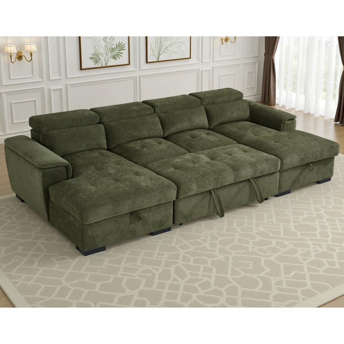 GRACELLO Fabric 6 Seater U Shaped Corner Sofa Bed - Green - Sofa So Good