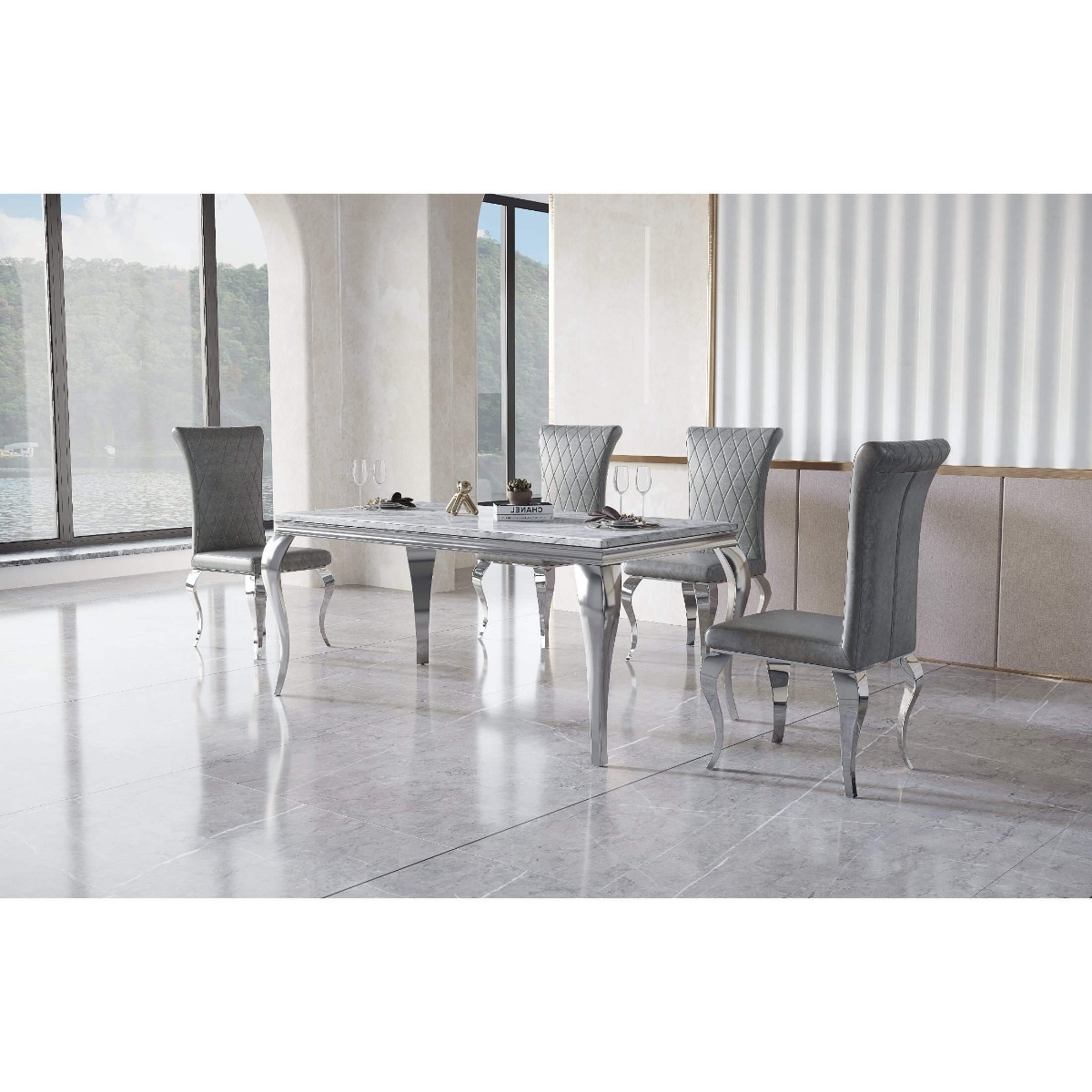 Lesbury Grande Marble Effect Dining Table with Stainless Steel Base - Lacquer Finish - Sigrid Mills