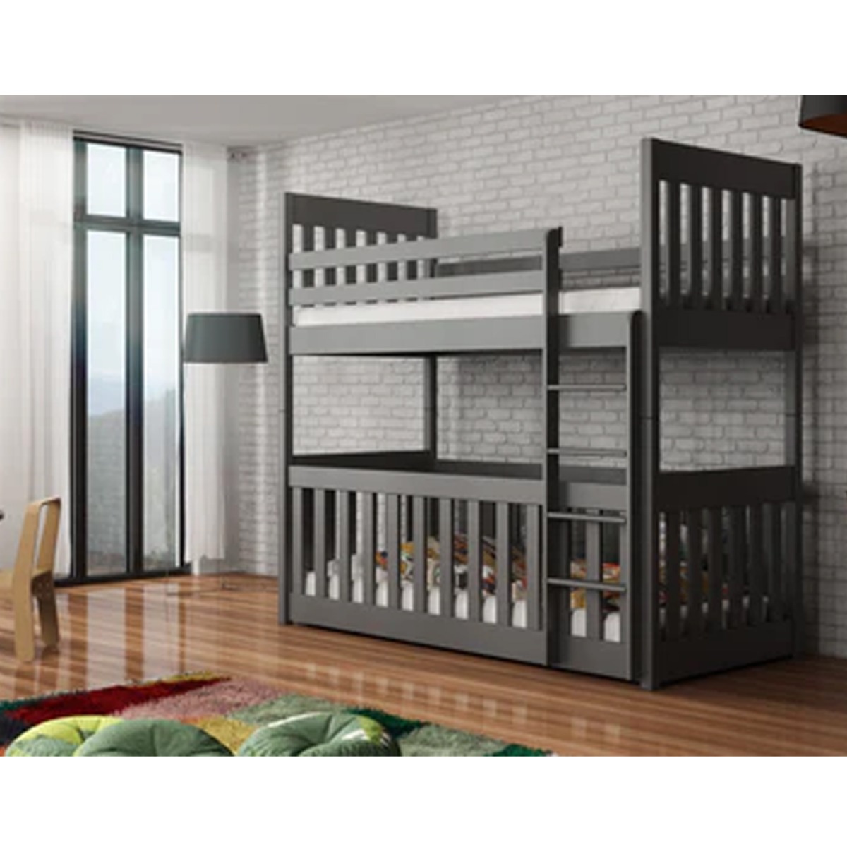 Kristofer Wooden Bunk Bed with Cot Bed and Foam Mattress - Graphite - Art Nest