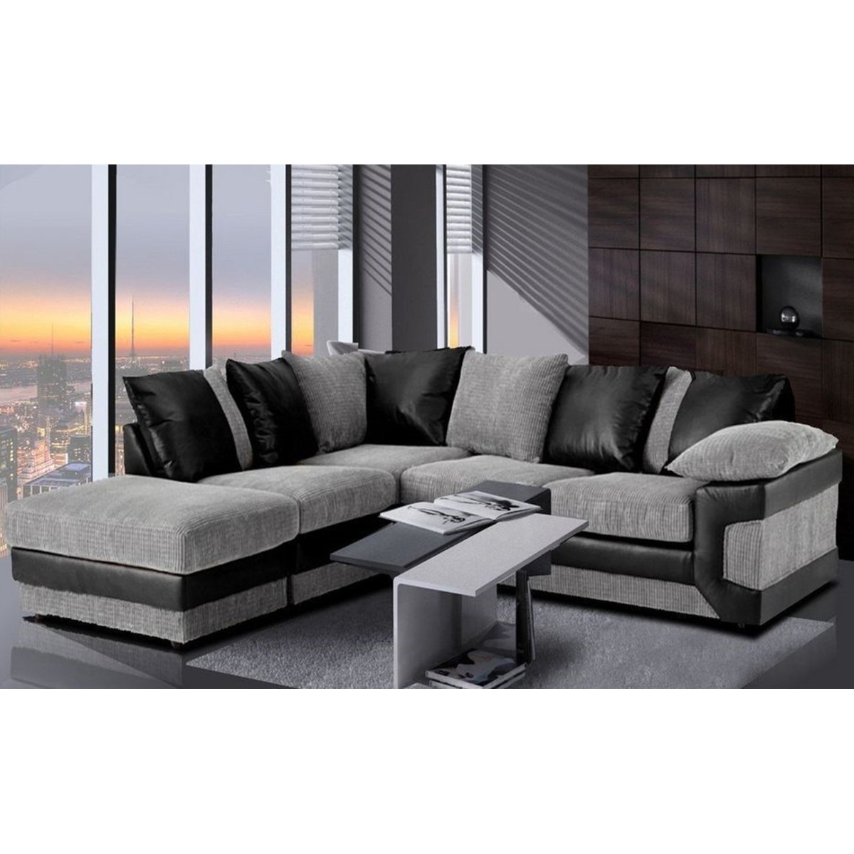 SWANSEA Jumbo Cord 5 Seater L Shaped Scatterback Corner Sofa - Black and Grey, Left Hand Facing - Home Done
