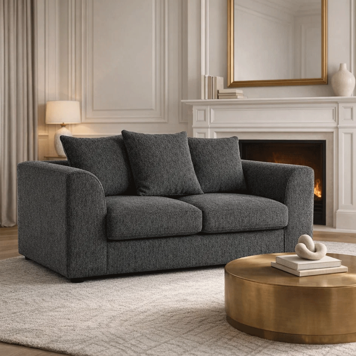 BELVANO Boucle Fabric 2 Seater Scatterback Sofa - Slate Grey - Home Done