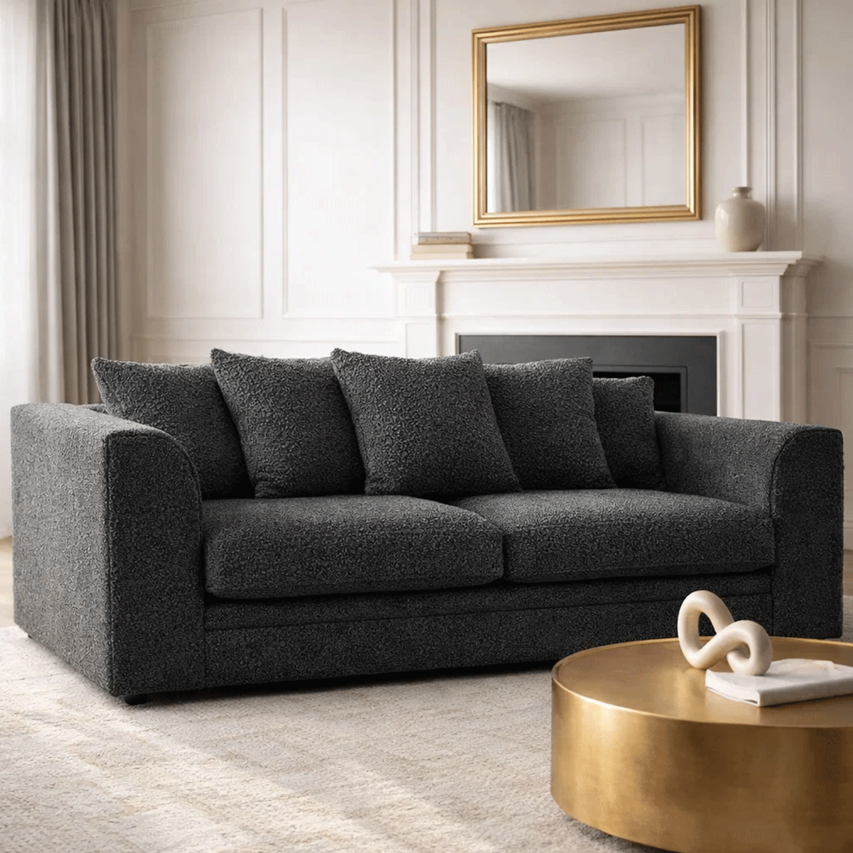 BELVANO Boucle Fabric 3 Seater Scatterback Sofa - Slate Grey - Home Done