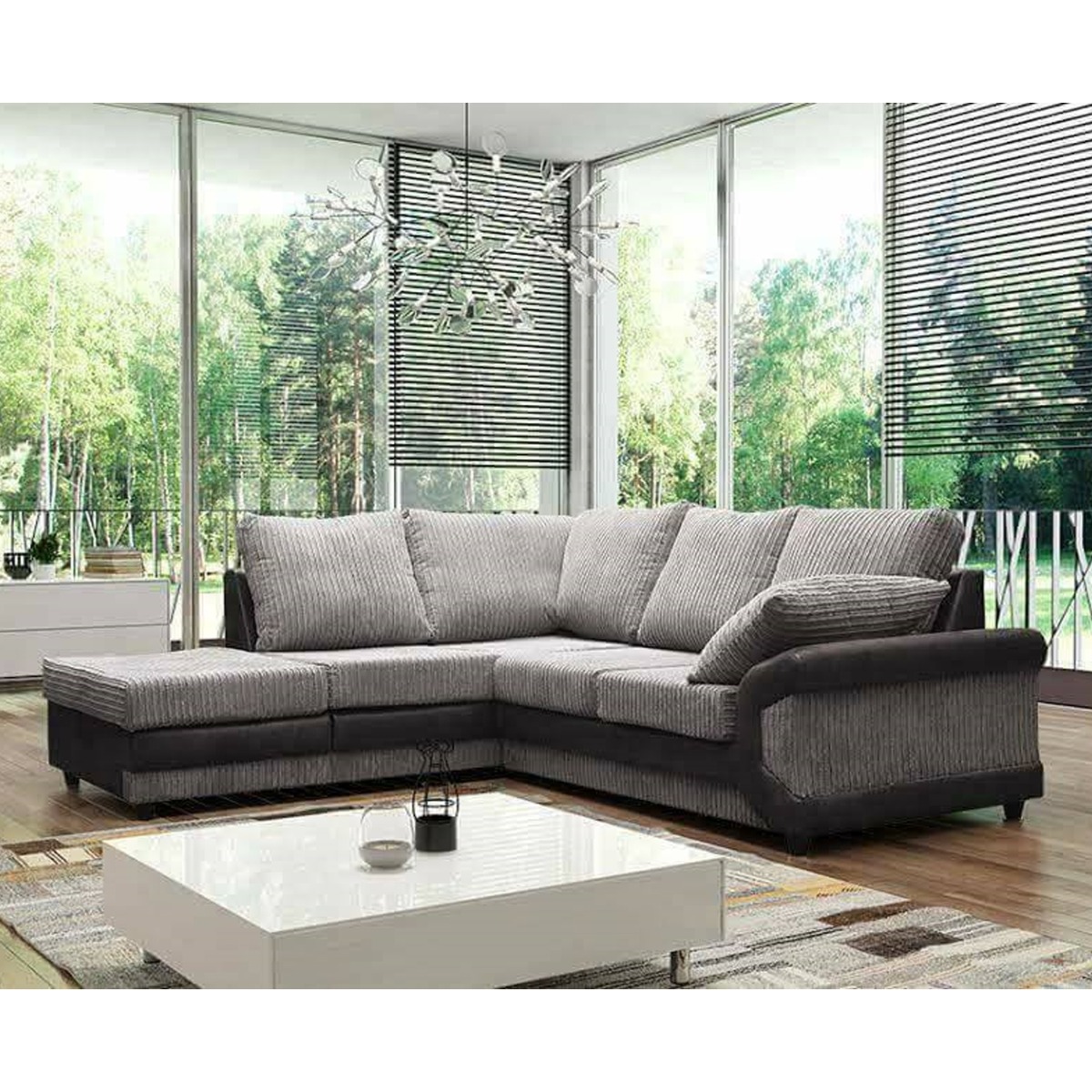 SWANSEA Jumbo Cord 5 Seater L Shaped - Left Hand Facing Corner Sofa - Black and Grey - Home Done