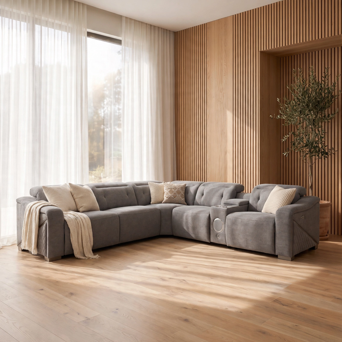 CALDMERE Fabric Large 5 Seater L Shaped Electric Recliner Corner Sofa - Grey