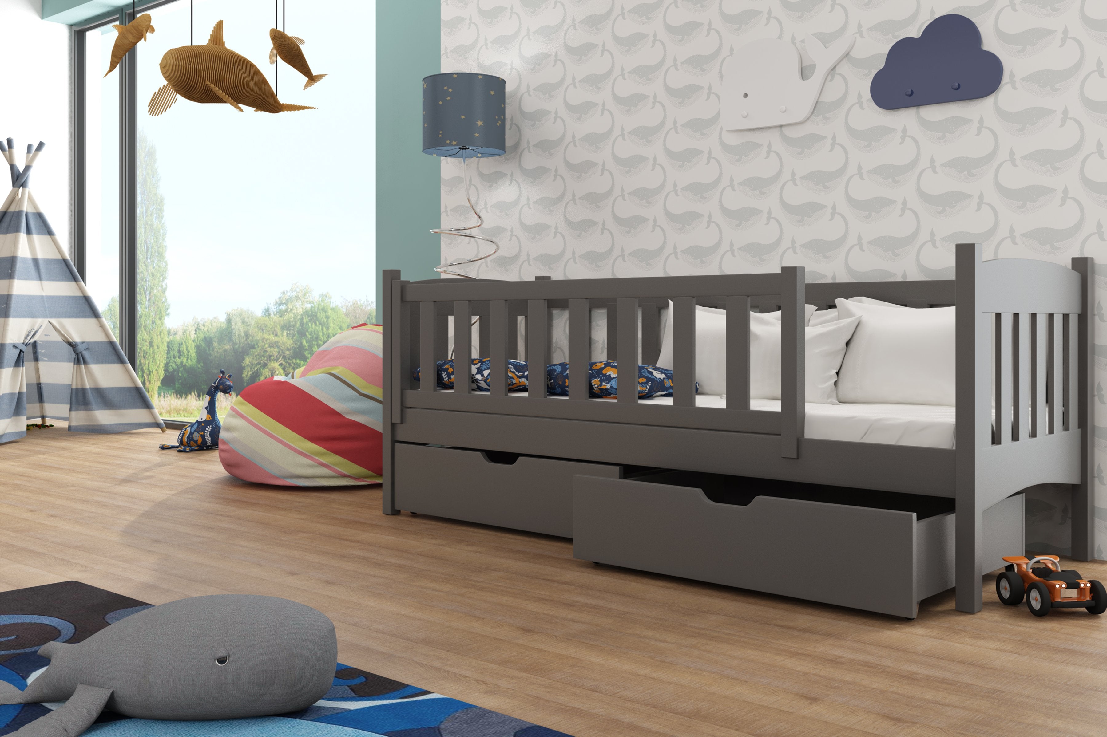 Arman Solid Wooden Single Storage Bed Frame with Foam Mattress - Graphite - Art Nest