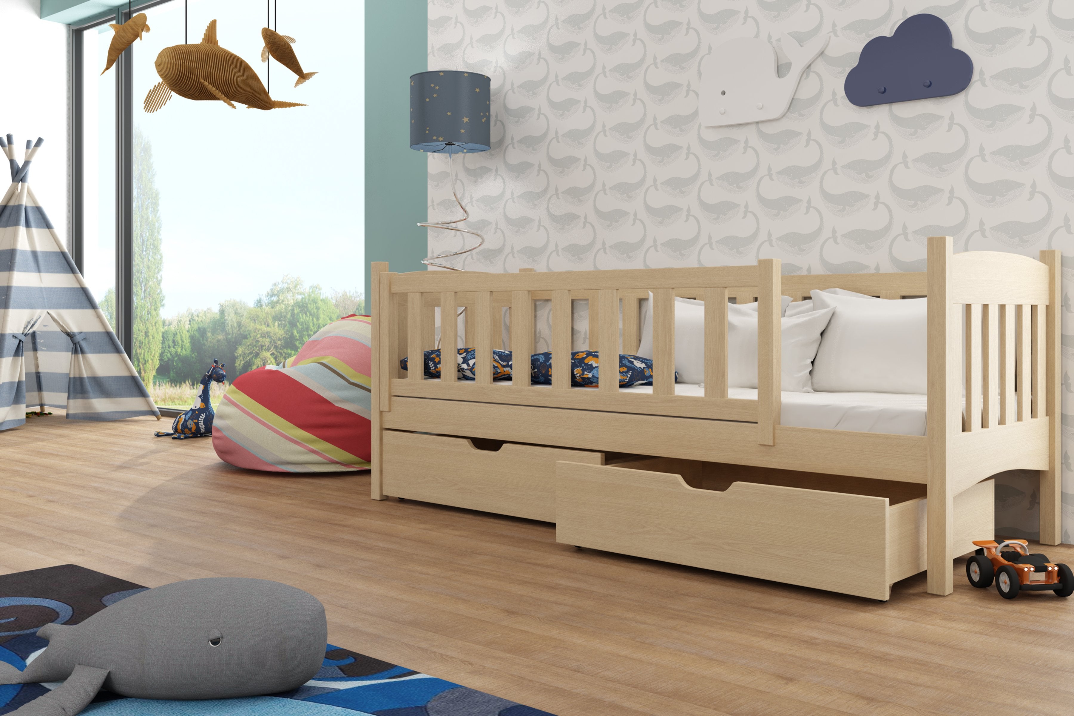Arman Solid Wooden Single Storage Bed Frame with Foam Mattress - Pine - Art Nest