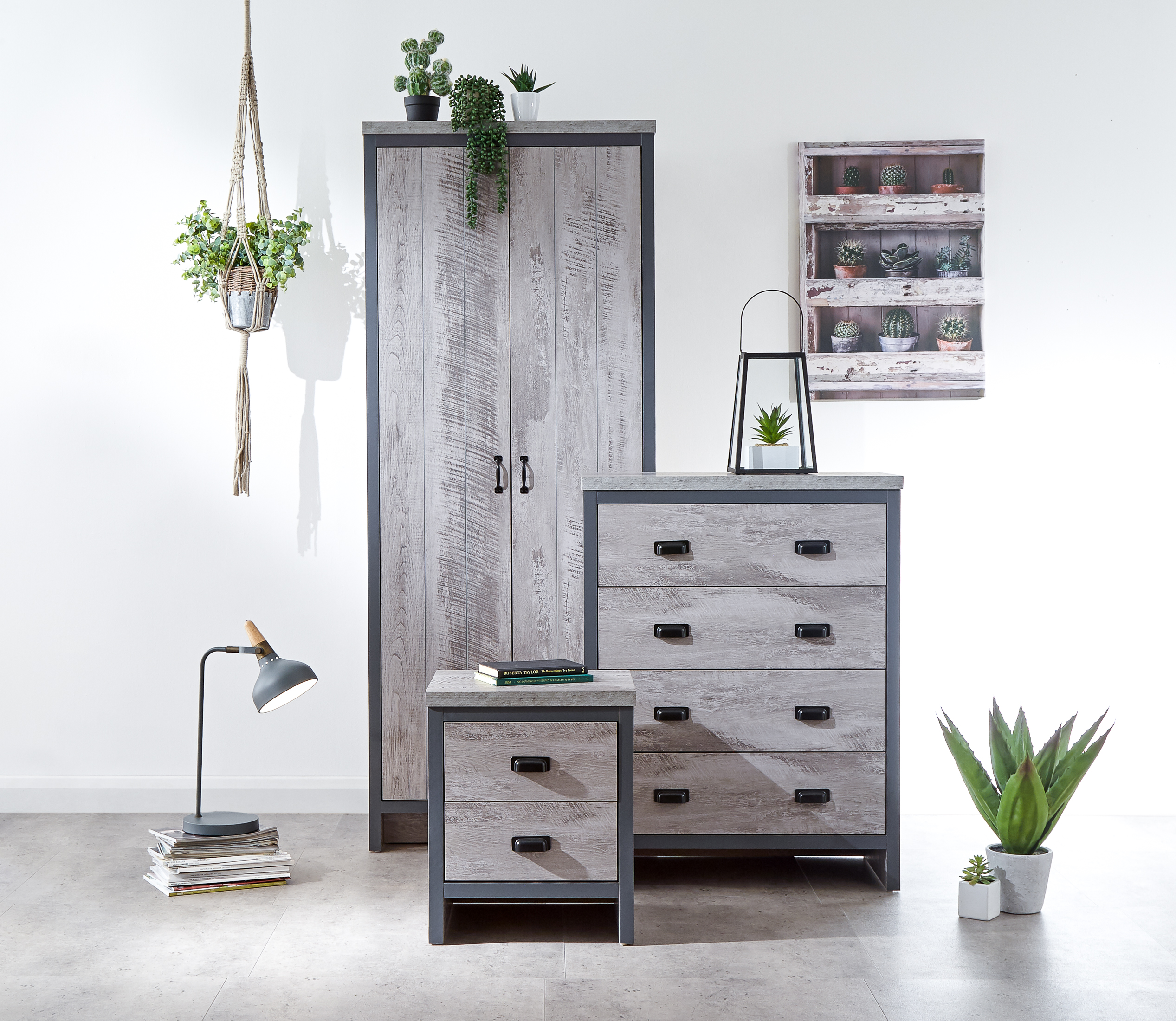 Wardrobe Set - BELONA 2 Door Bedroom Set 3 Piece Grey 73cm - Campbell Craft
