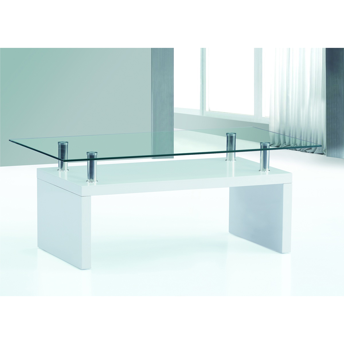 Hove High Gloss Coffee Table with Clear Glass Top Open Shelves - White - Sigrid Mills