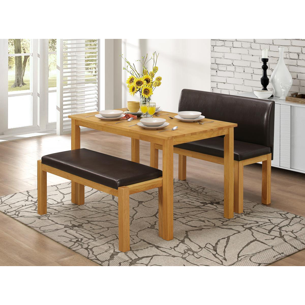 Hove Solid Rubberwood Dining Table with 2 Leather Effect Benches in Natural Oak - Sigrid Mills