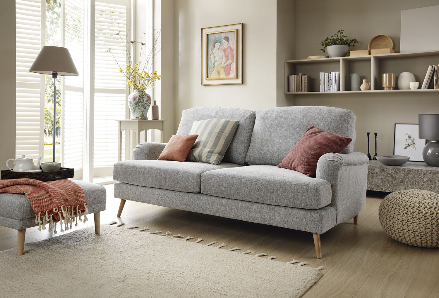 PONTING Chenille 3 Seater Sofa - Light Grey - Moonlight Interiors