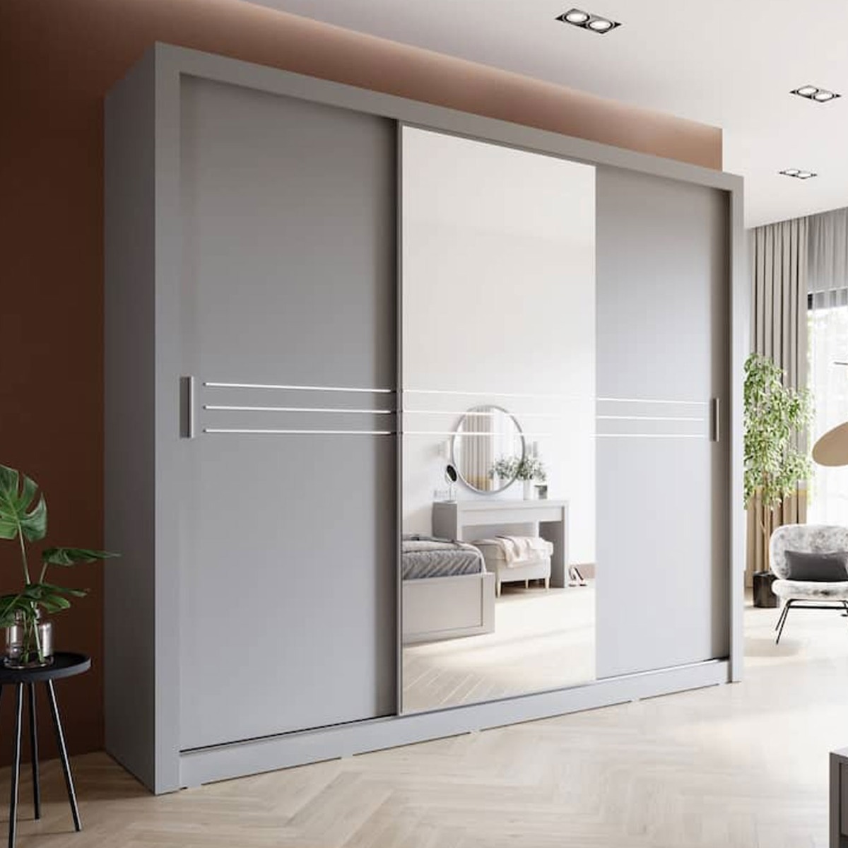 COPENHAGEN 3 Door Mirrored Sliding Wardrobe with 2 Drawers Grey Matt - 250cm - Art Nest