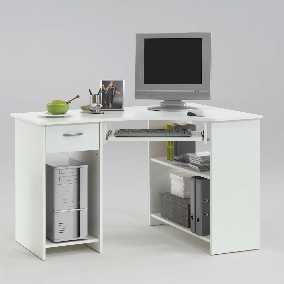 Modern Design Corner Computer Desk with Drawer, Shelves and Pull-Out Keyboard Tray - White - Dalton Home