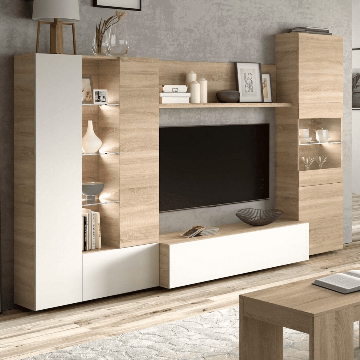 Contemporary White and Oak Wall Entertainment Unit with LED Lights - Dalton Home