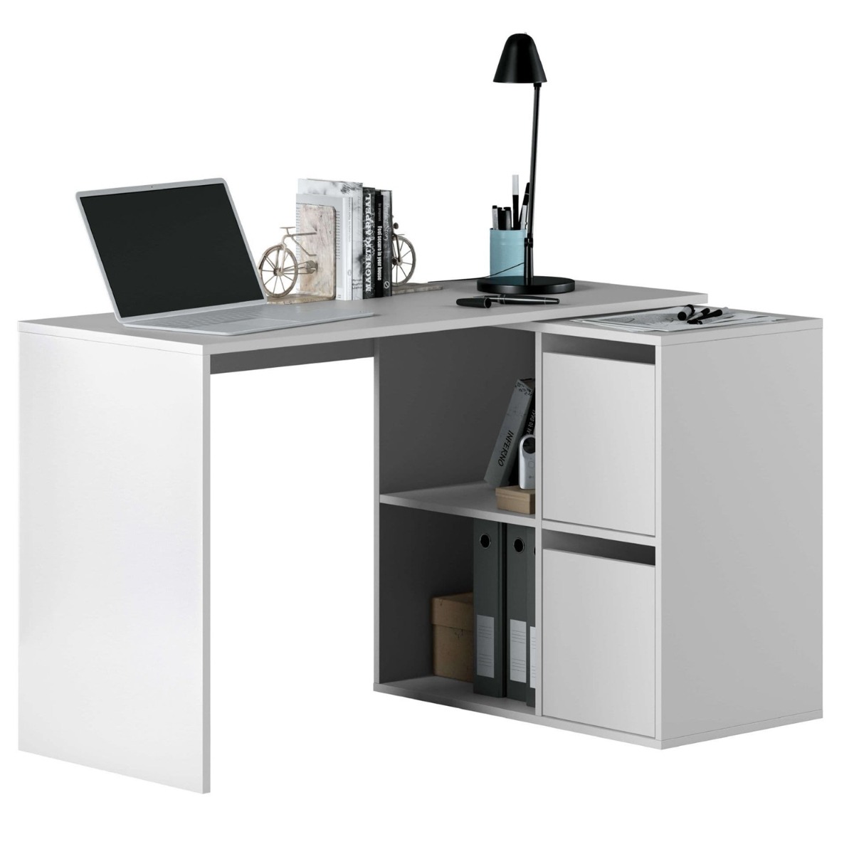 White Reversible Computer Desk with Storage and Handy Cupboards - Dalton Home