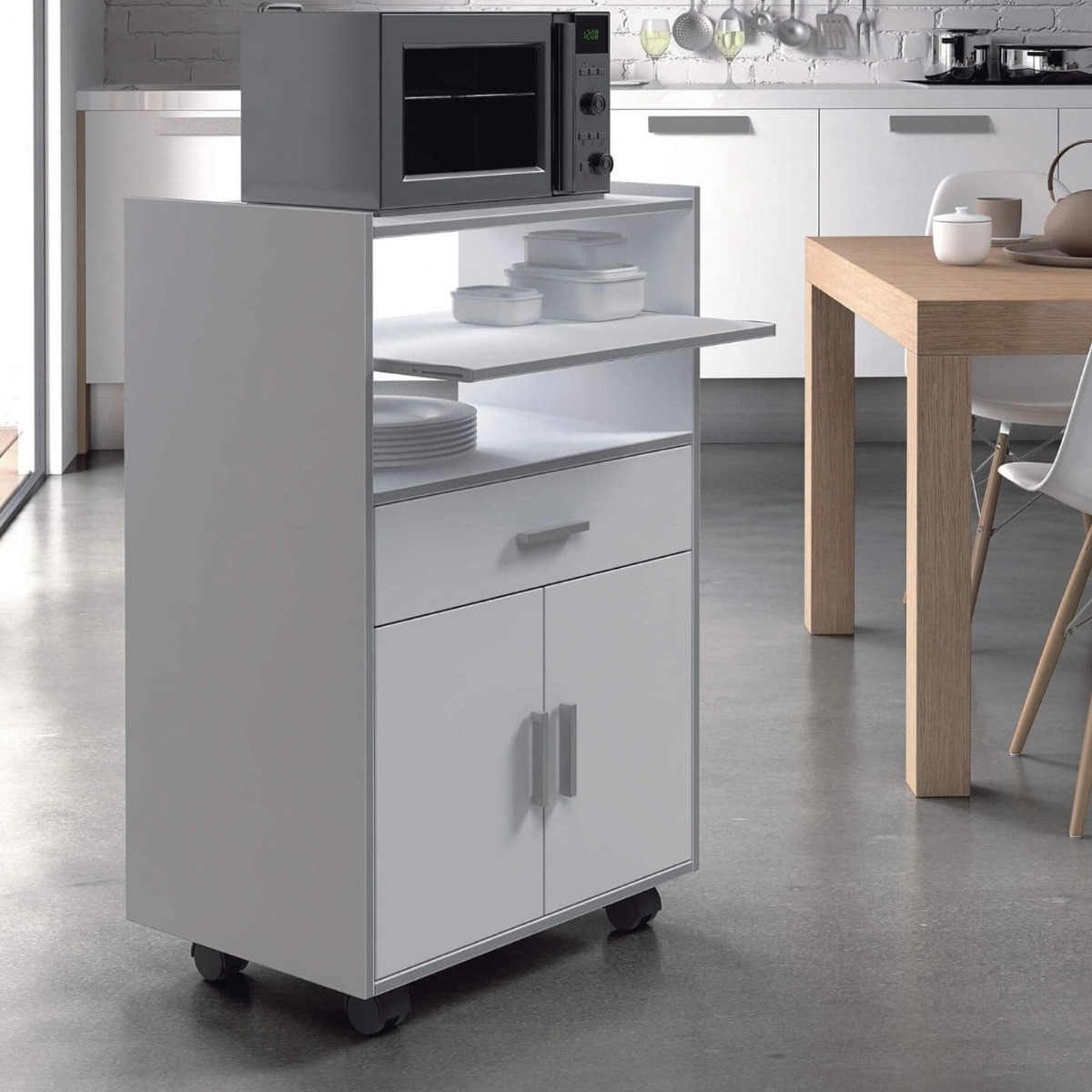 Modern Design Kitchen Trolley with 2 Door and Drawers - White and Grey - Dalton Home