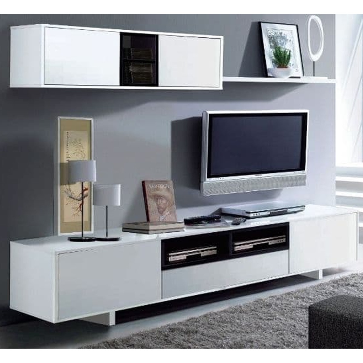 Stylish Design White Gloss TV Wall Cabinet with Anthracite Inserts - Dalton Home