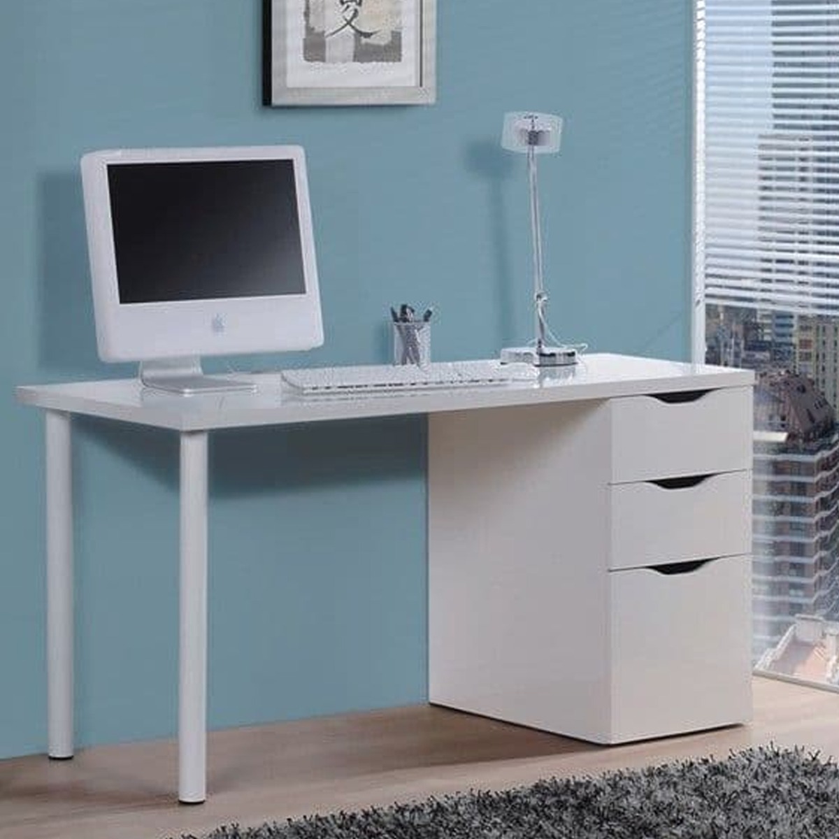 Modern Computer Desk with 3 Drawers and Reversible Legs - White - Dalton Home