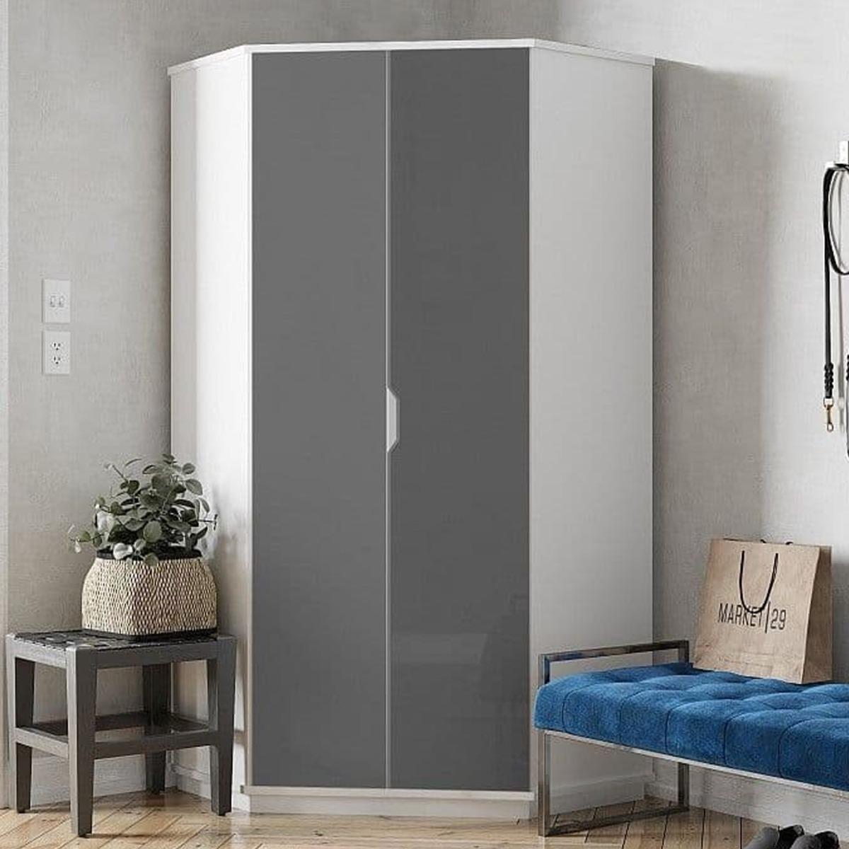 Corner Wardrobe - SARNIA 2 Door Wardrobe White with Grey Front 93cm - Dalton Home