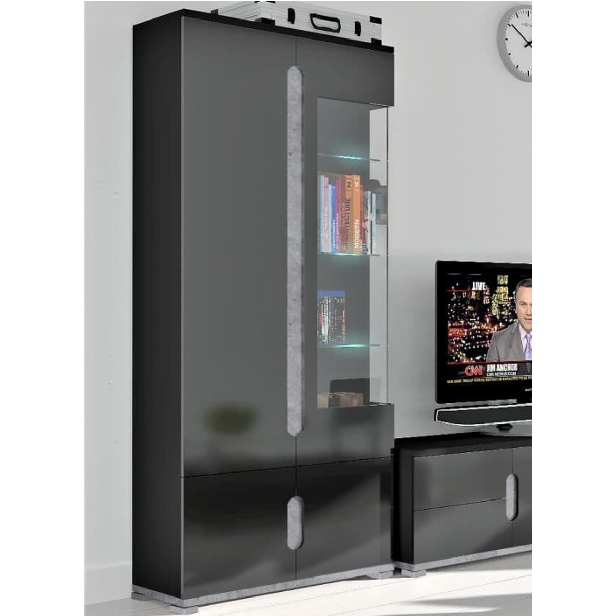 Edney High Gloss Display Cabinet with 1 Glass Door - Grey Concrete with Black - Dalton Home