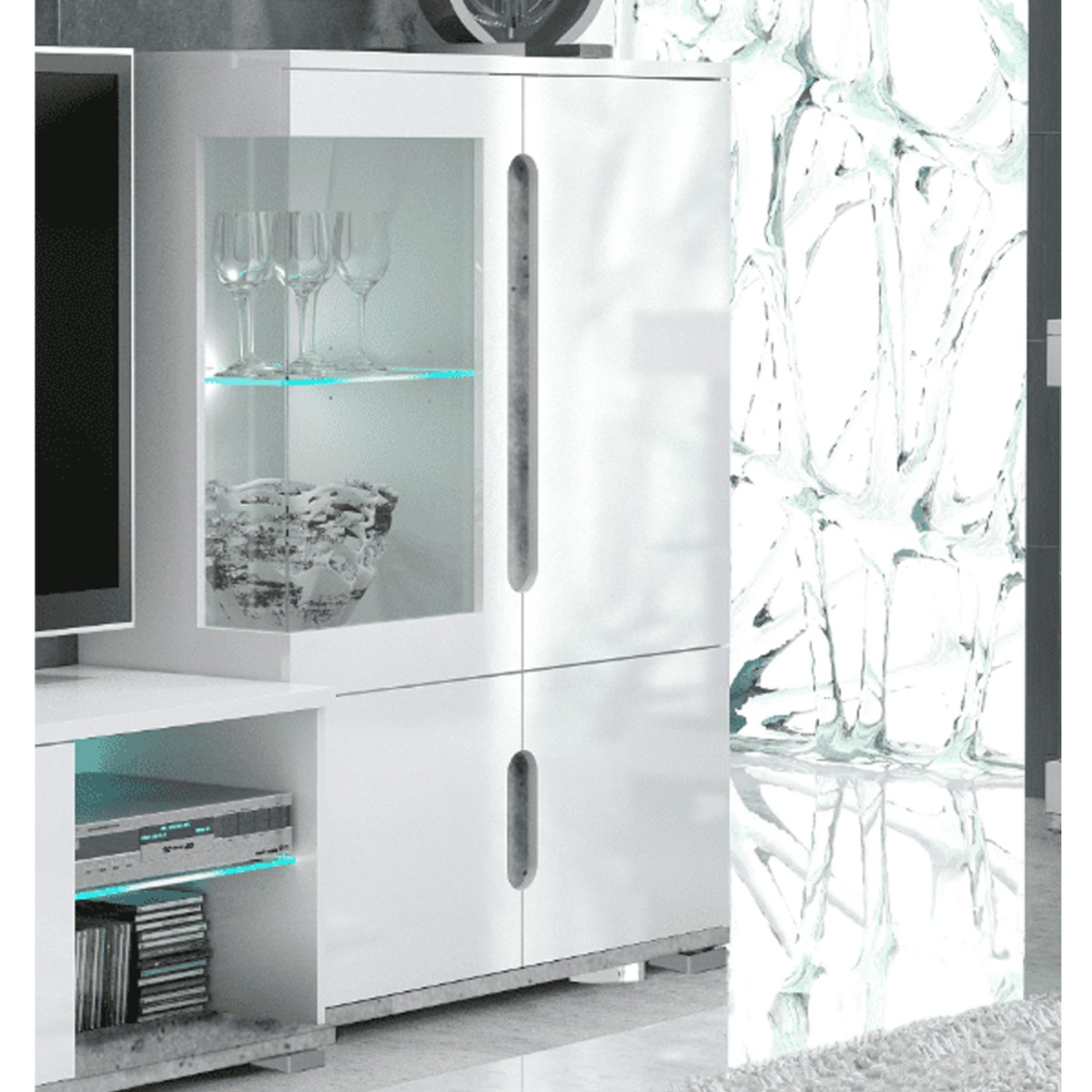 Edney High Gloss 4 Door Low Display Cabinet with 1 Glass Door - Grey Concrete with White - Dalton Home