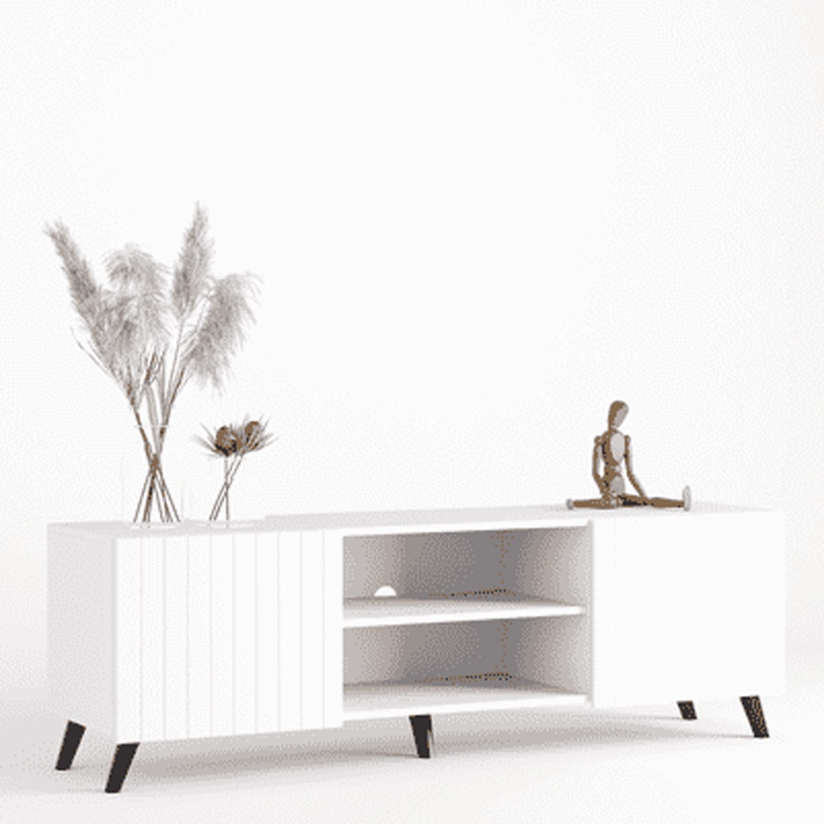 Alan Vertical Grooved Lines Large TV Unit Stand with 2 Doors - Matte White - Dalton Home