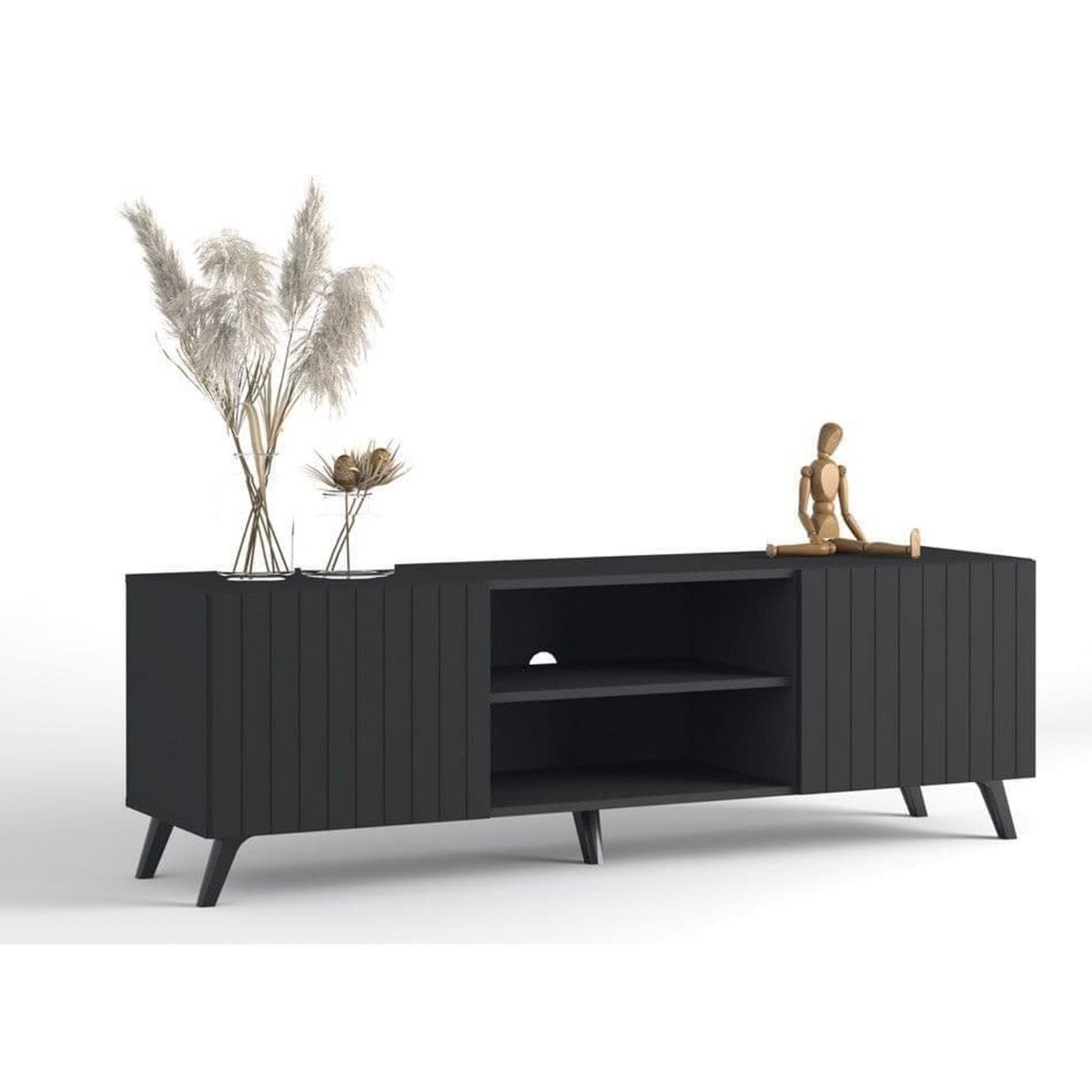 Alan Vertical Grooved Lines Large TV Unit Stand with 2 Doors - Matte Black - Dalton Home