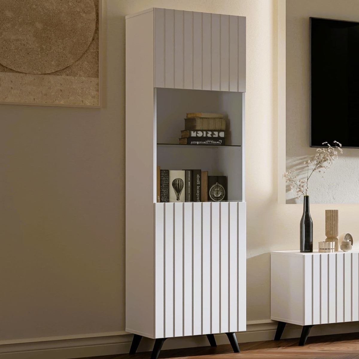 Alan Vertical Grooved Lines Tall Display Cabinet with 1 Glass Door - Matte White - Dalton Home