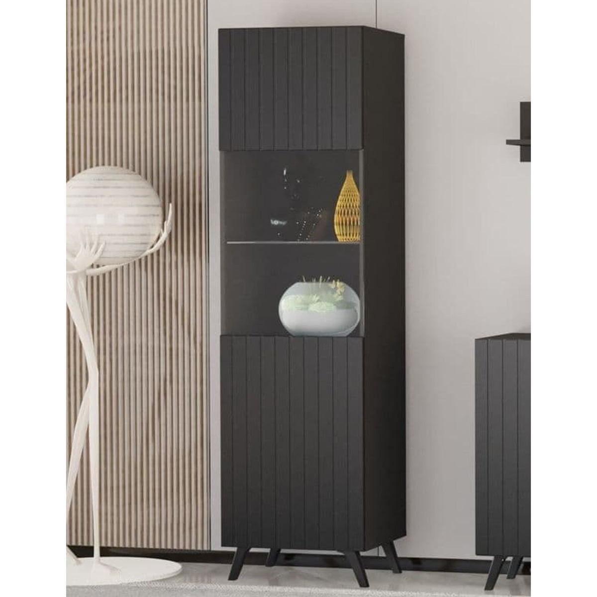 Alan Vertical Grooved Lines Tall Display Cabinet with 1 Glass Door - Matte Black - Dalton Home