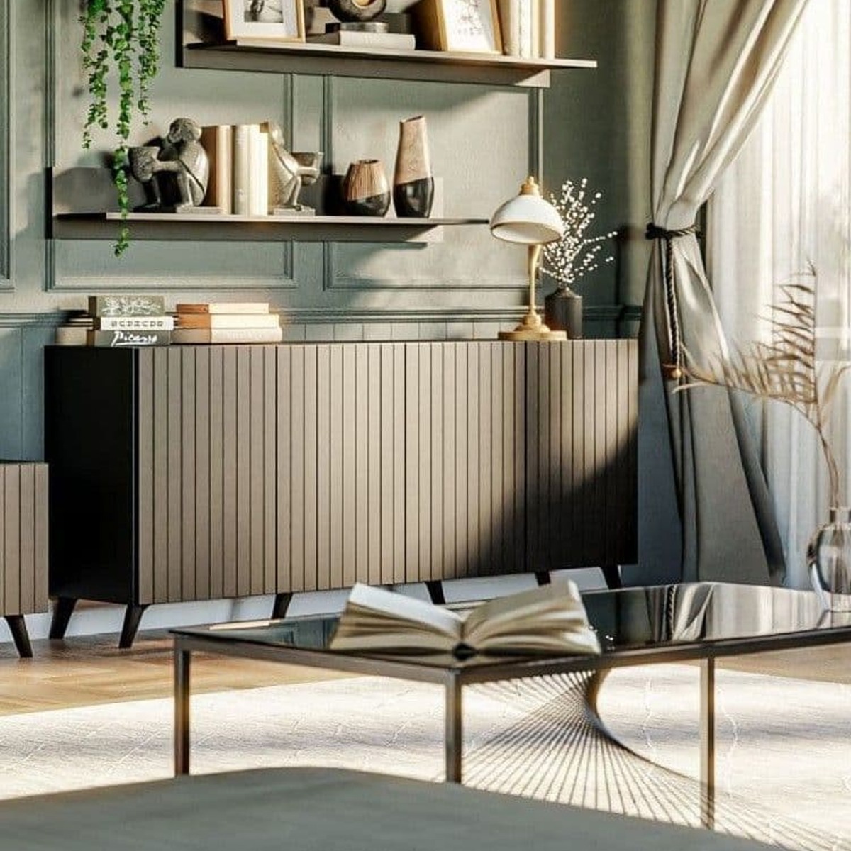 Alan Vertical Grooved Lines Wide 4 Door Sideboard - Matte Black