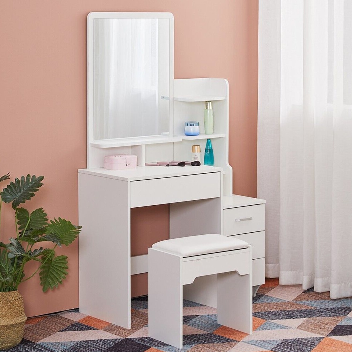 Modern White Dressing Table Makeup Desk with Mirror, 4 Drawers, and Stool - Bedroom & More