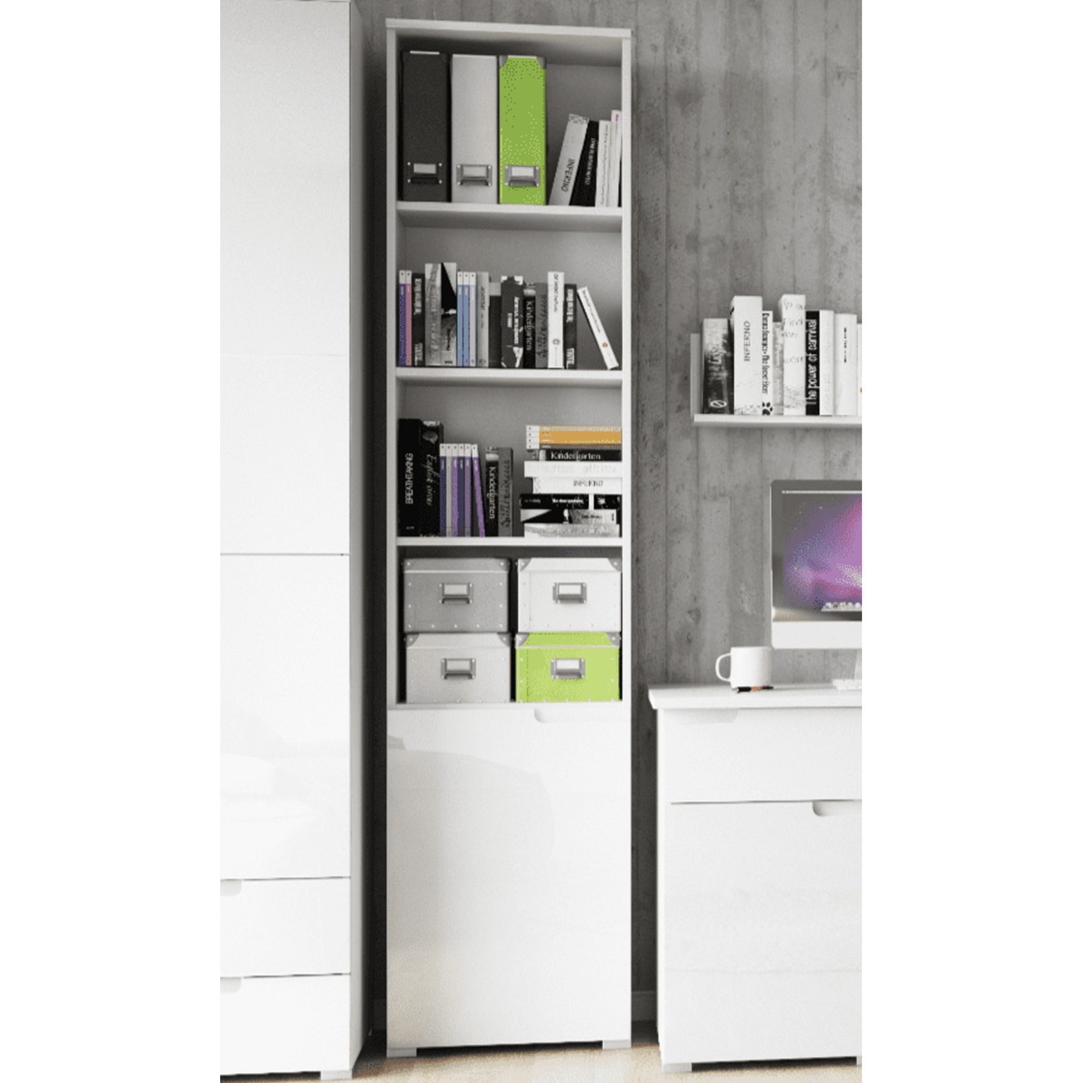Viktoria Modern Tall Narrow Bookcase with 6 Compartments - Matt White with White Gloss Door - Dalton Home