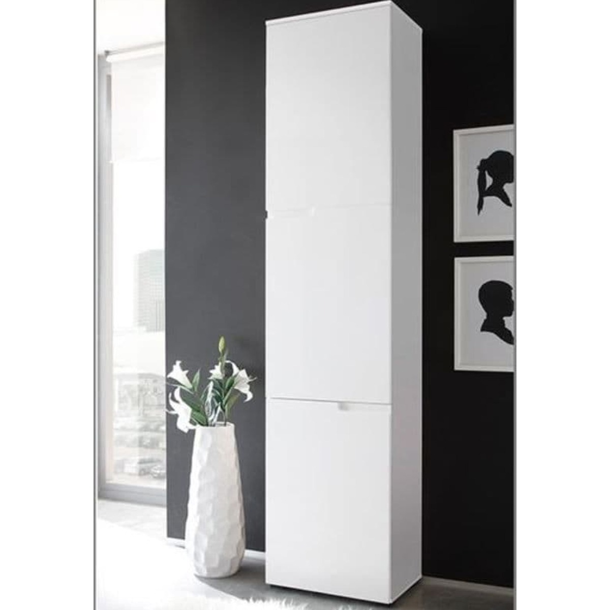 Viktoria Modern Tall Narrow Bookcase with 3 Doors - Matt White with White Gloss Door - Dalton Home