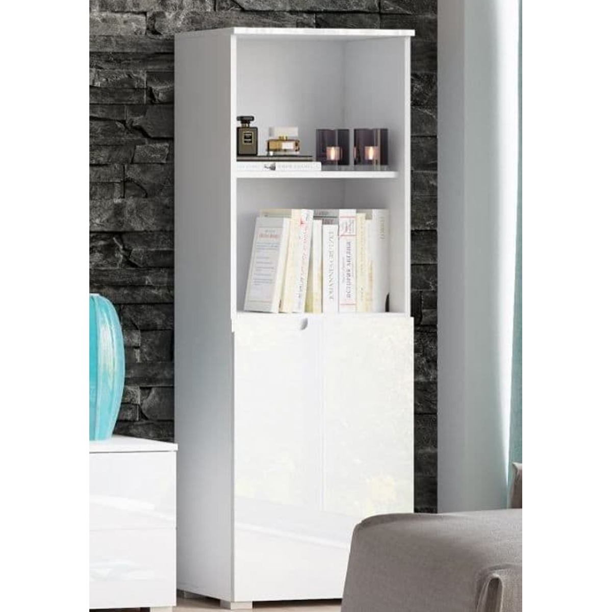 Viktoria Modern Short Narrow Bookcase - White Gloss Fronts with Matt White Sides - Dalton Home