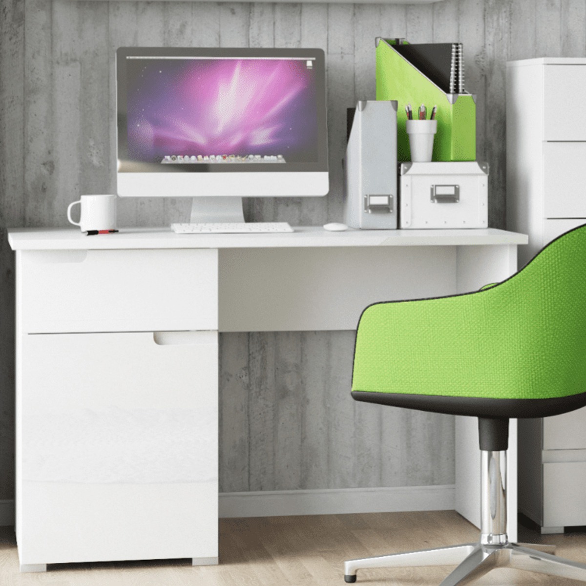 Viktoria Modern High Gloss Computer Desk with Door and Drawer - White - Dalton Home