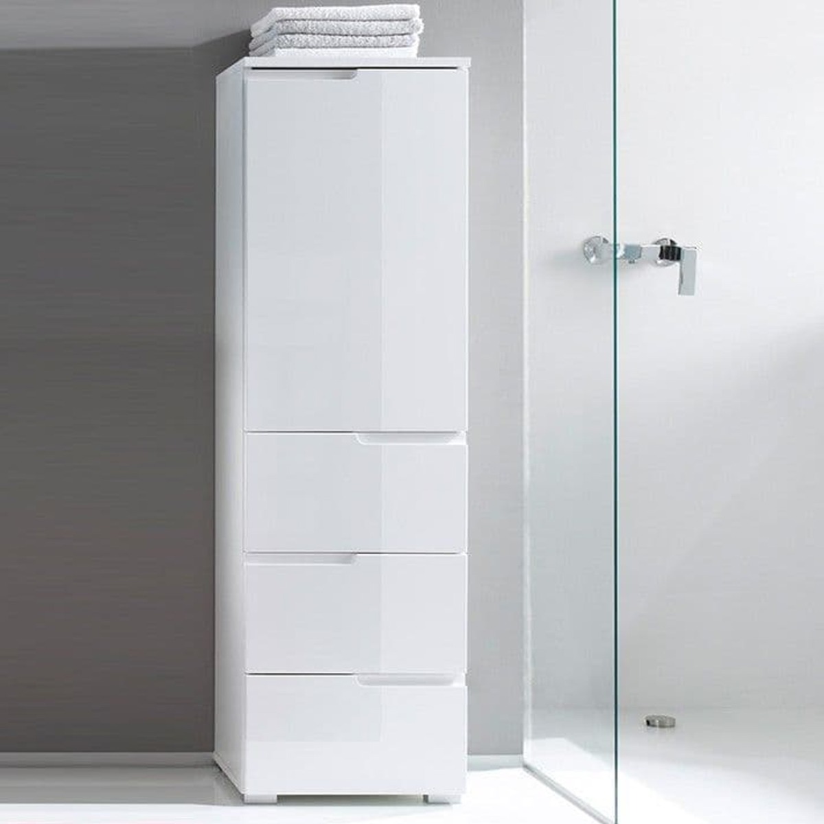 Viktoria High Gloss Slim Tallboy Storage Unit with Cupboard and Drawers - White - Dalton Home