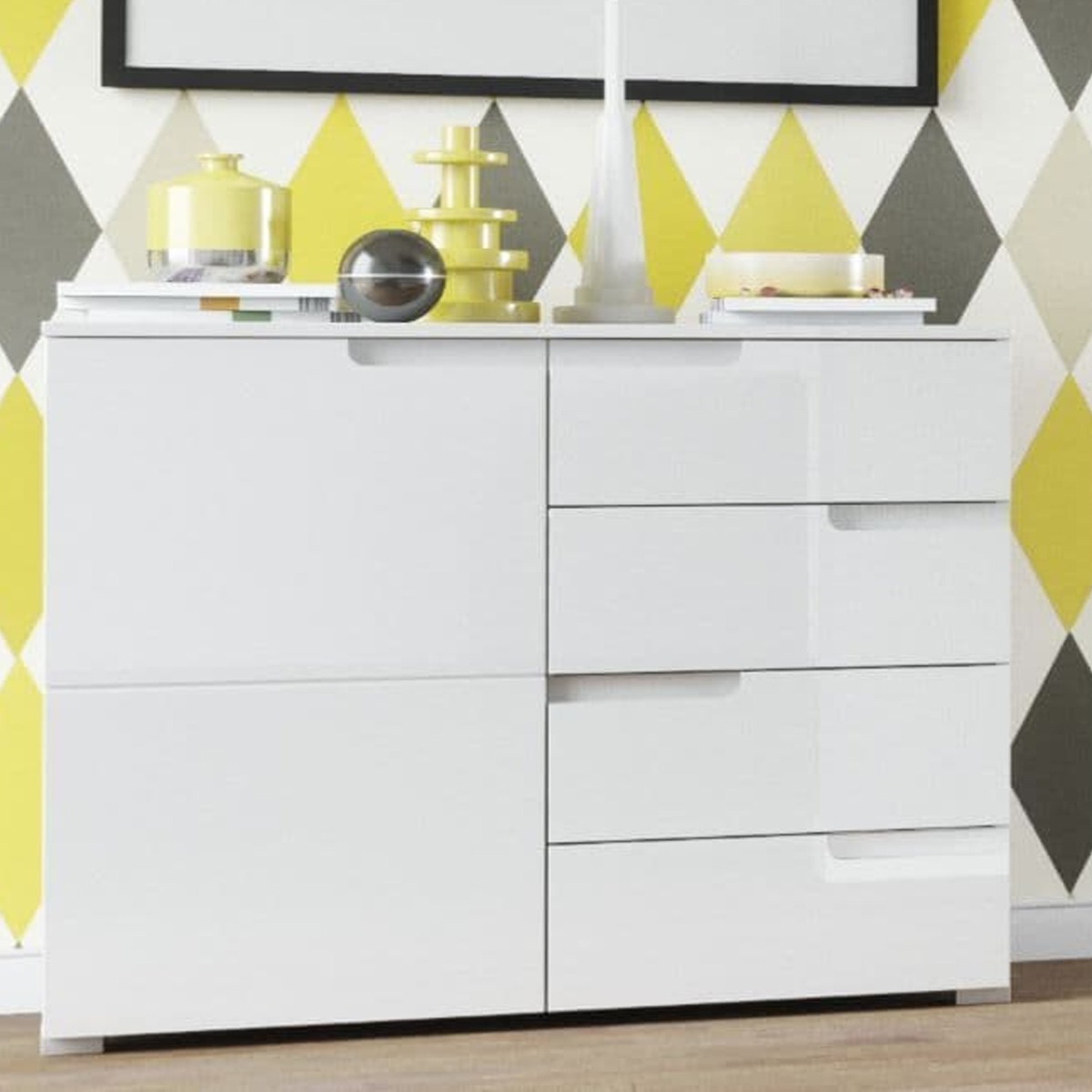 Viktoria High Gloss Narrow 4 Door Sideboard with Drawer - White - Dalton Home