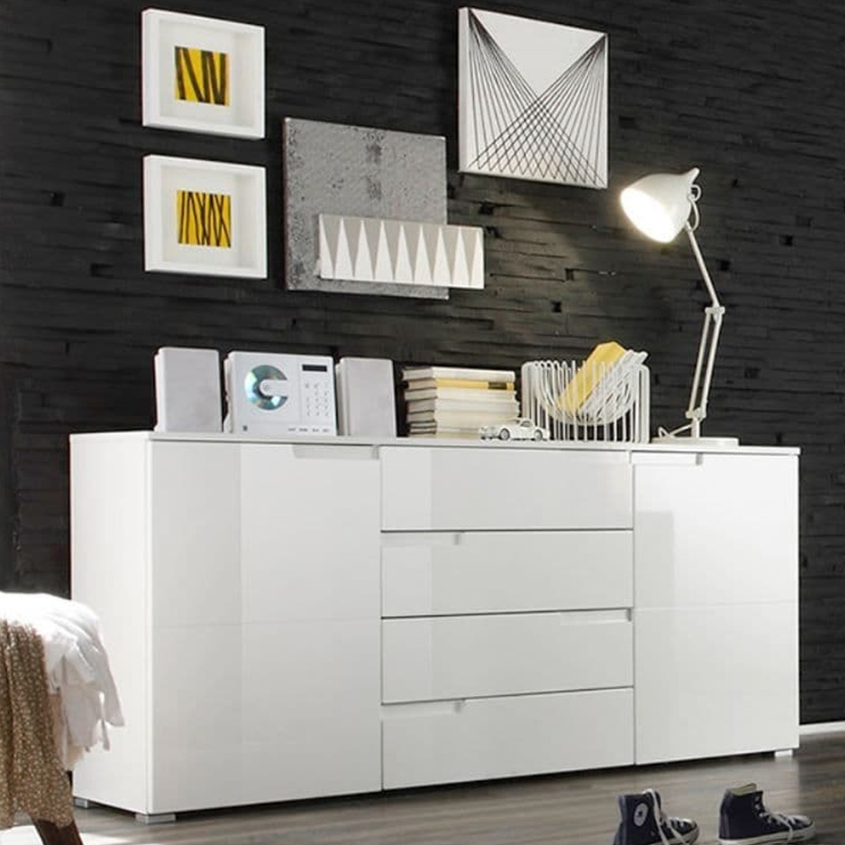 Viktoria High Gloss 2 Door Sideboard with 4 Drawers - White - Dalton Home