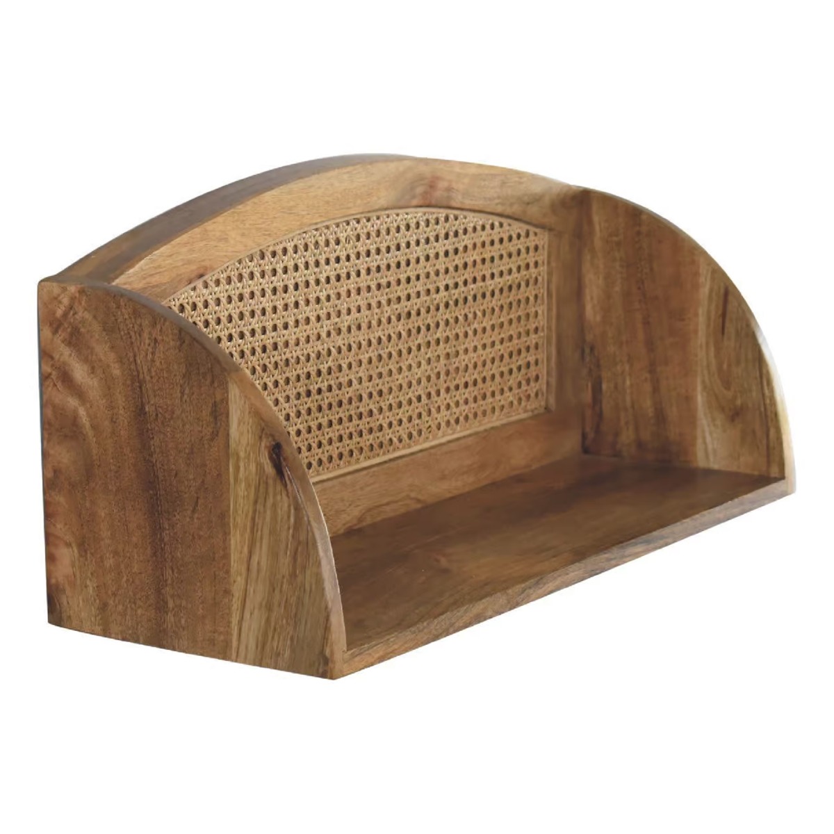 GENOVA Wall Mounted Solid Mango Wood Shelf with Rattan Back - Oak Finish - Beasley & Sons
