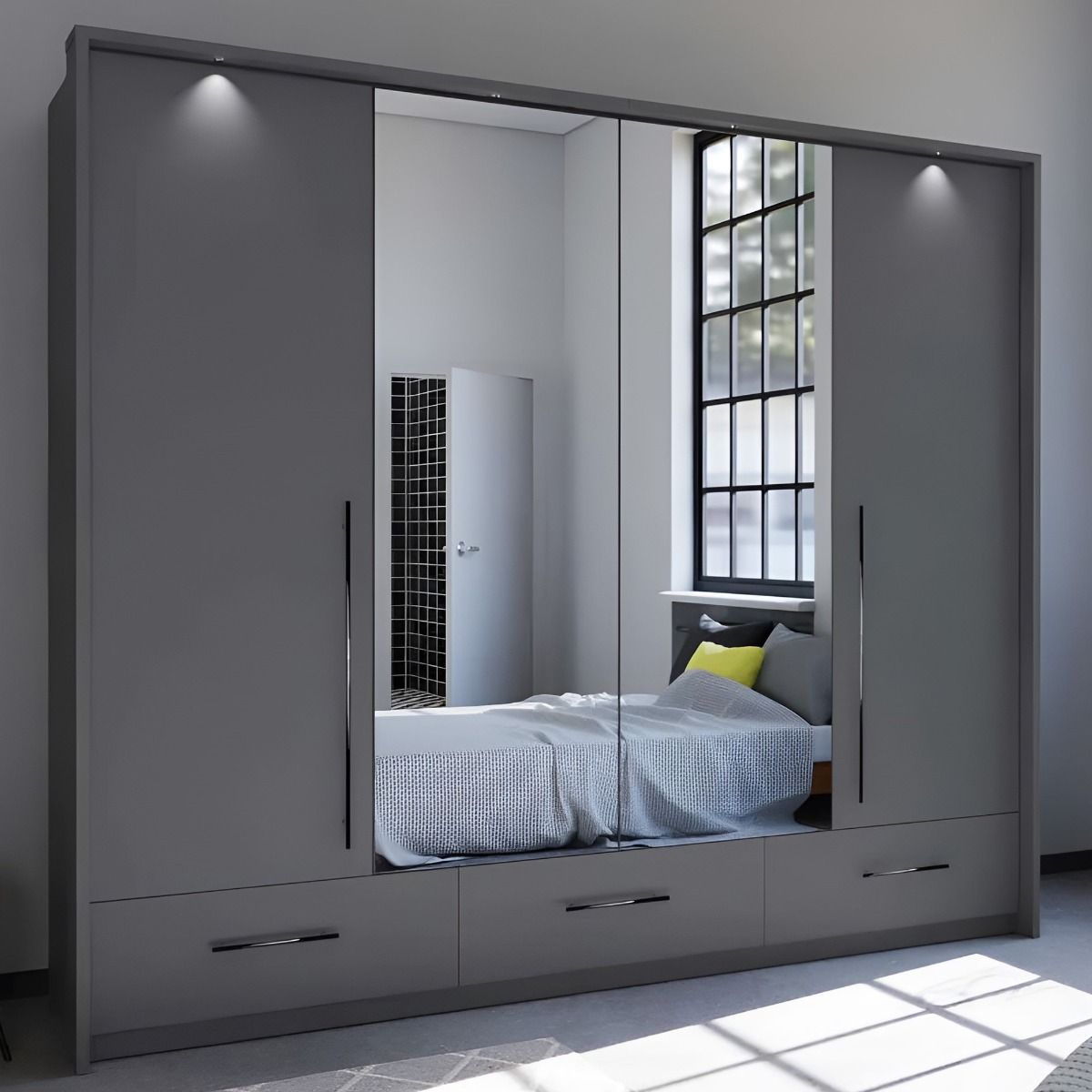 Wardrobe - LINDSEY 4 Door Mirrored Wardrobe Graphite 255cm - Avellino & Wells