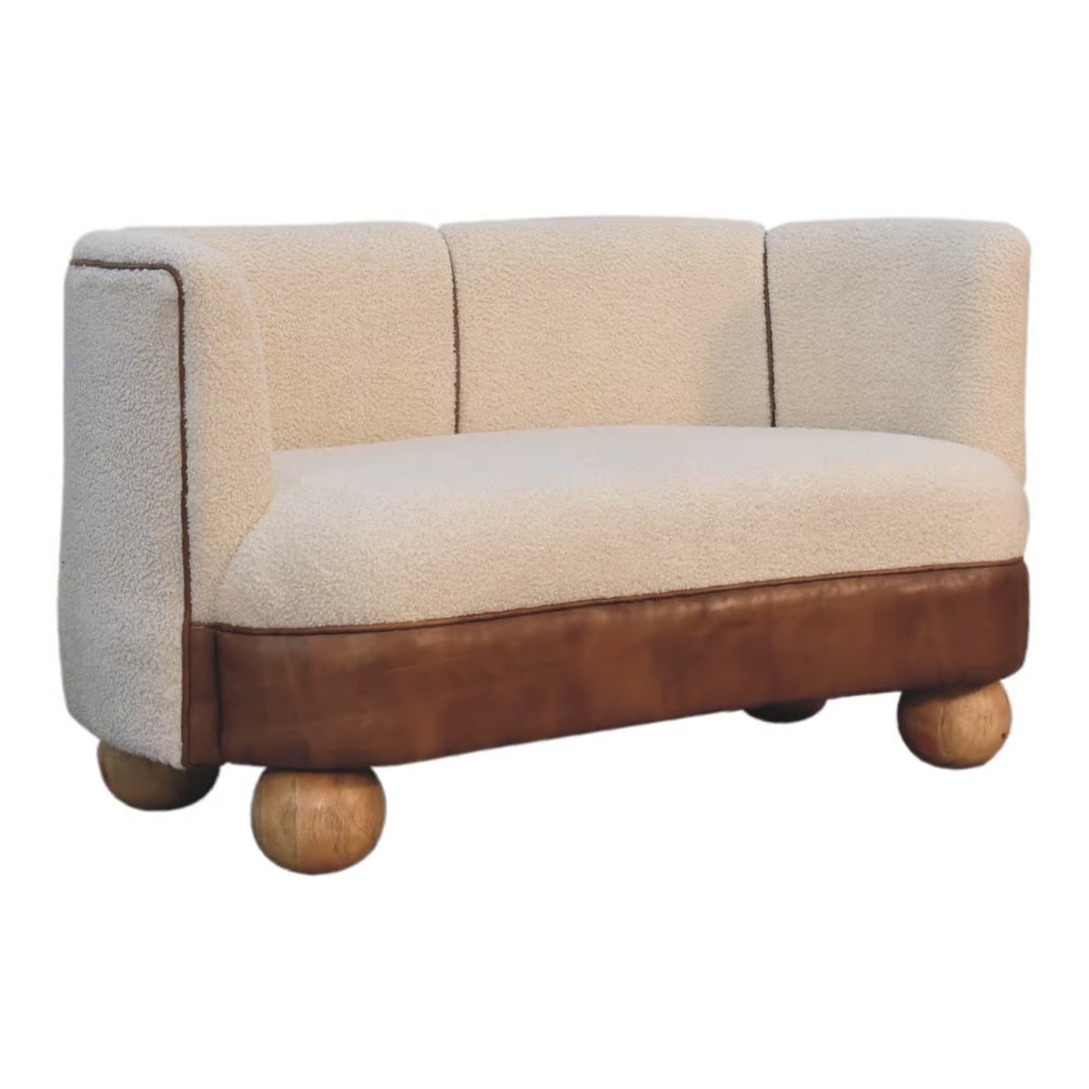Solid Mango Wood Sofa with Boucle Fabric and Buffalo Hide Leather Seat and Round Feet - Beasley & Sons