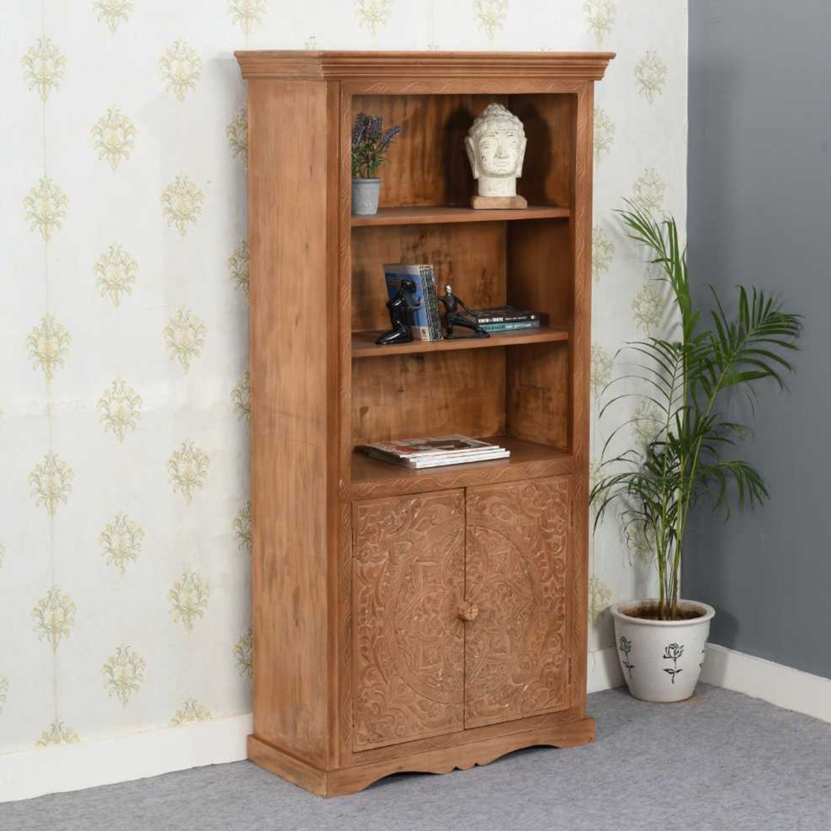Monika Mango Wood Large Corner Bookcase with Door - Lacquered Finish - Elfrida Interiors